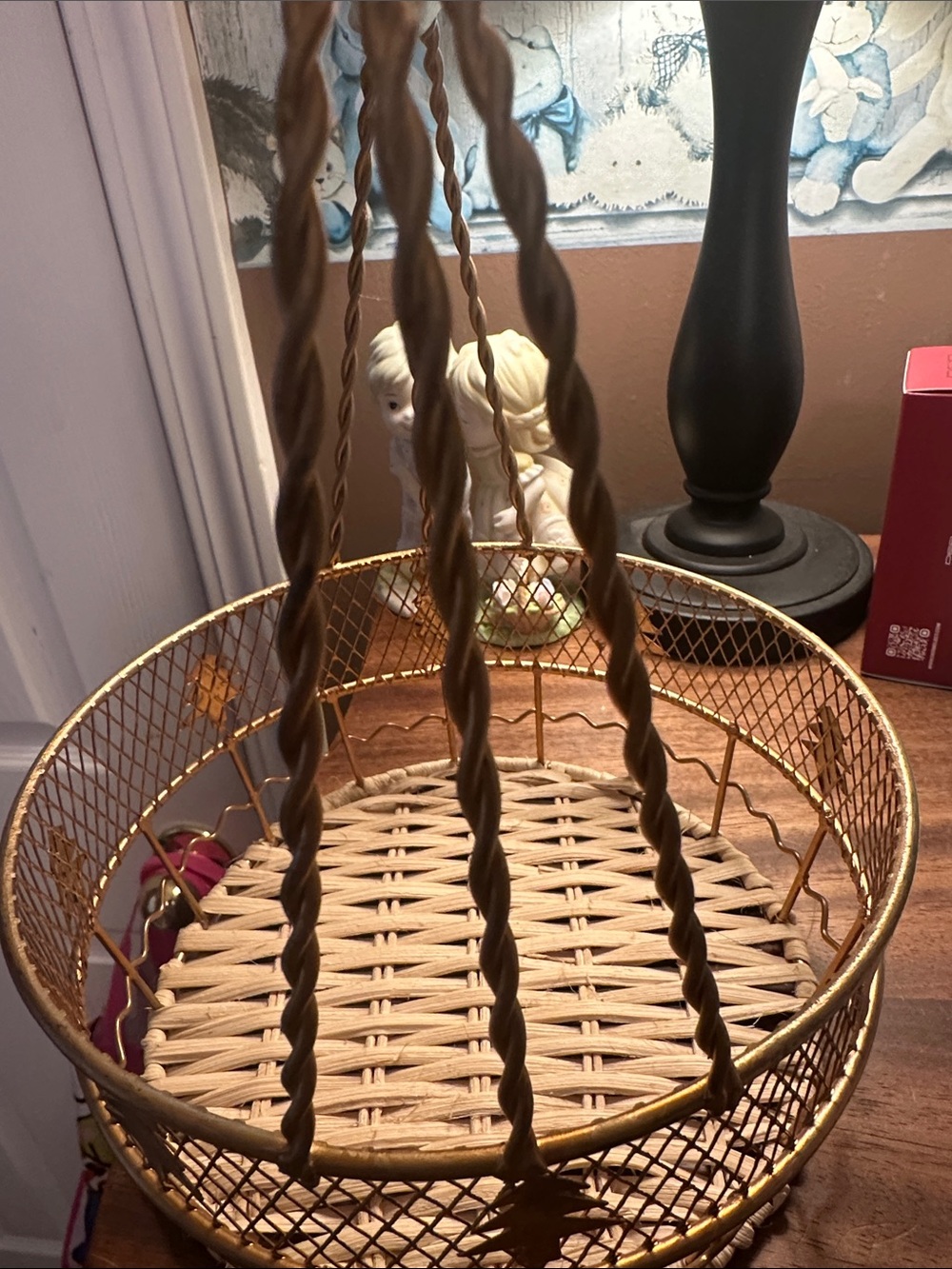 Christmas tree Gold metal Wire and Wicker Round Decorative Basket  NEW - Picture 6 of 7